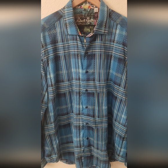 Robert Graham Blue Plaid Abstract 100% Cotton Button Down Shirt Mens 2XL - Picture 2 of 6
